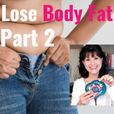 Extra body fat keeps person from closing pants. Woman holding example of cell to talk about body fat loss