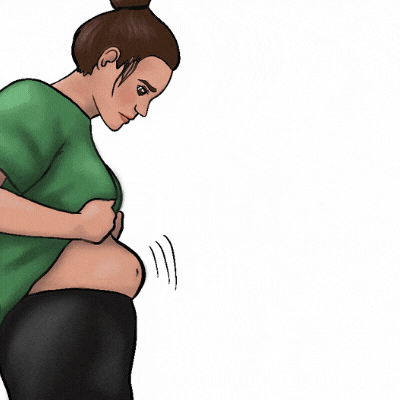 woman looking down at her belly pooch wondering how to fix it