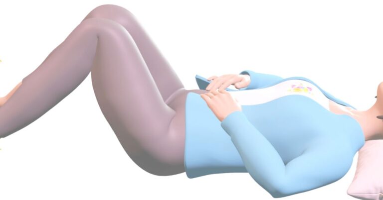 illustration woman with knees bent head on pillow relaxing, stretching her low back