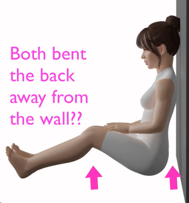 woman sitting against wall for hamstring muscle check both legs are bent and buttocks is away from the wall