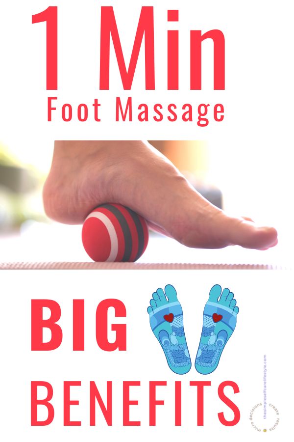 foot on ball rolling on floor beneath foot with text: 1 Minute Foot Massage Big Benefits A reflexology illsutration