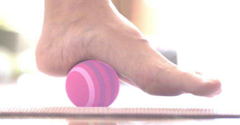 foot on ball rolling on floor beneath foot with text: 1 Minute Foot Massage Big Benefits A reflexology illustration
