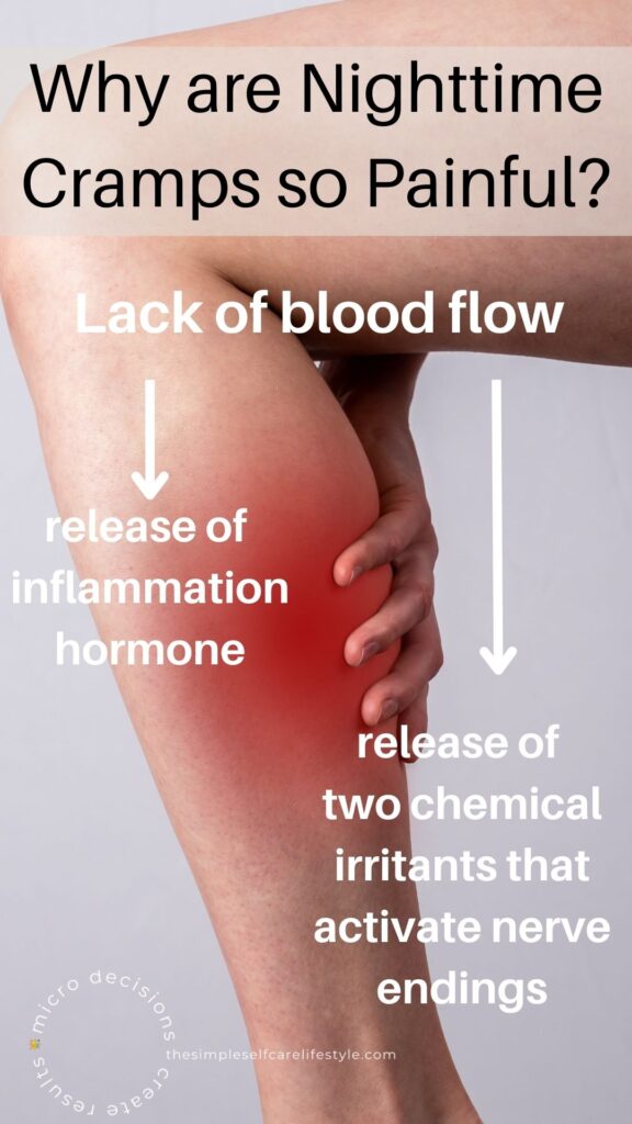 Woman hoding on to Painful calf. Why are Nighttime Cramps so Painful? A cascade of events: Lack of blood flow- inflammation hormone and 2 nerve irritants.
