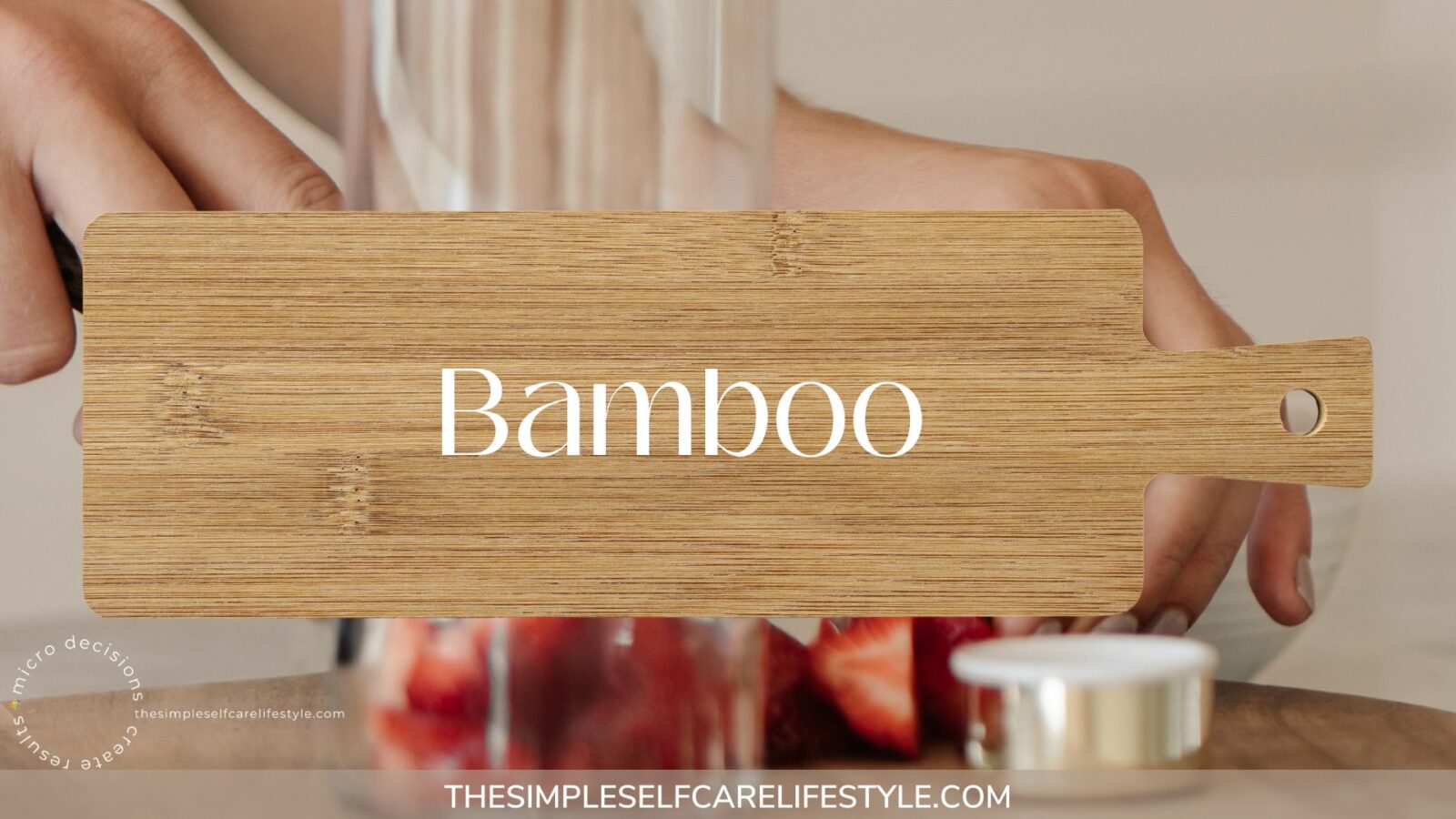 Non-toxic Cutting Boards made from Bamboo. A Bamboo word across a bamboo board. Behind that are hands cutting on board.