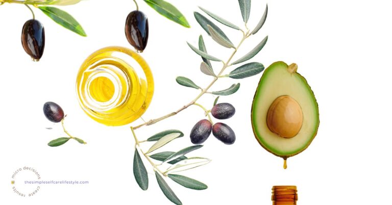 Olive shown dripping to oil and Avocado shown dripping to oil. Both Healthy Self Care Oils