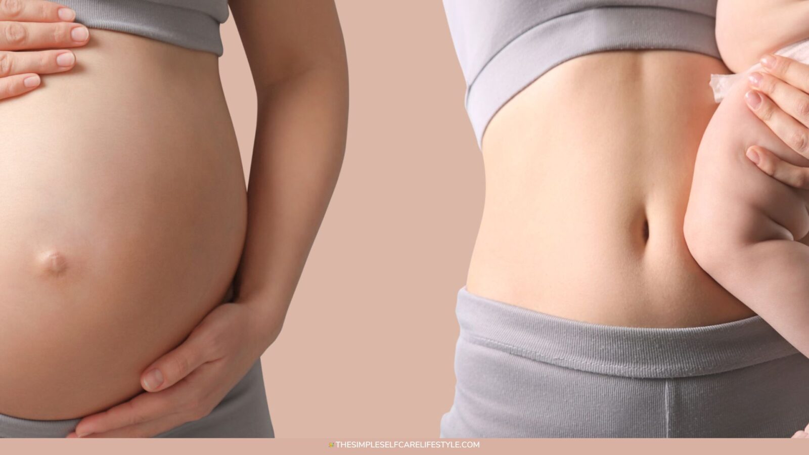 Prenatal Workouts are Foundational for Postnatal. Photo of prenatal belly then postnatal with mom holding little one